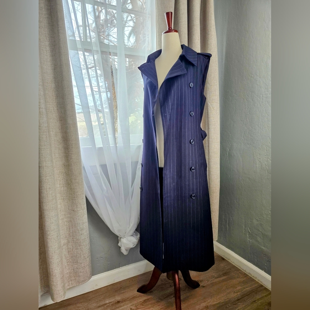 Navy Pinstripe Sleeveless Trench Coat